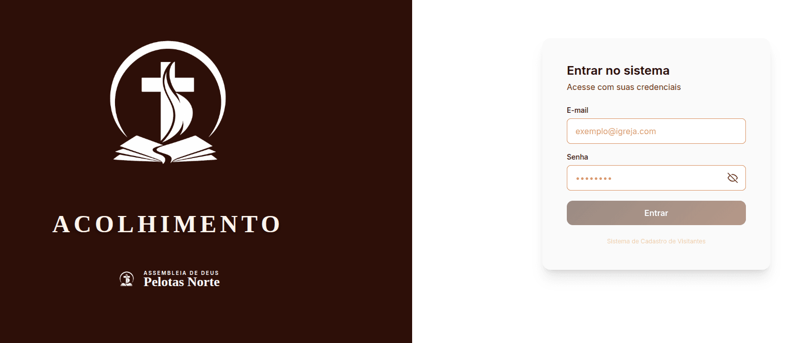 Tela do sistema de acolhimento de visitantes da igreja com CRUD e integração WhatsApp