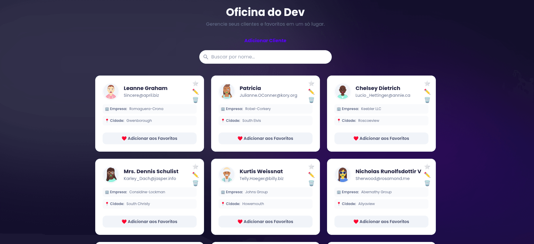 Tela da Oficina Next — primeiro projeto React com CRUD, pesquisa em tempo real e API